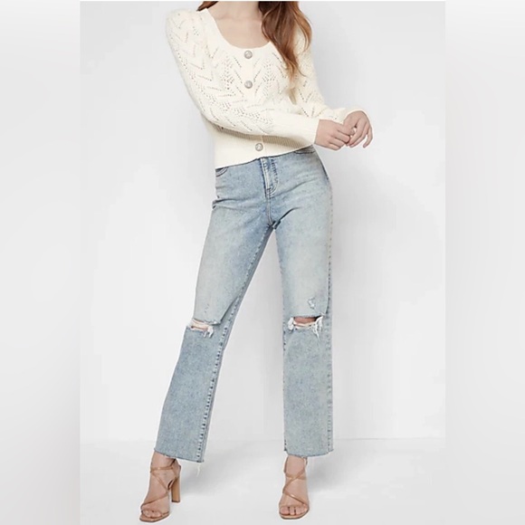 Express cozy glamorous open knit bling button puffy shoulder coquette sweater XS - Picture 5 of 14